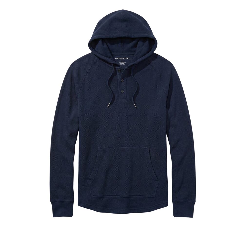 American Eagle Mens M Waffle Knit‎ Thermal Henley Hoodie Pullover Outdoor Preppy